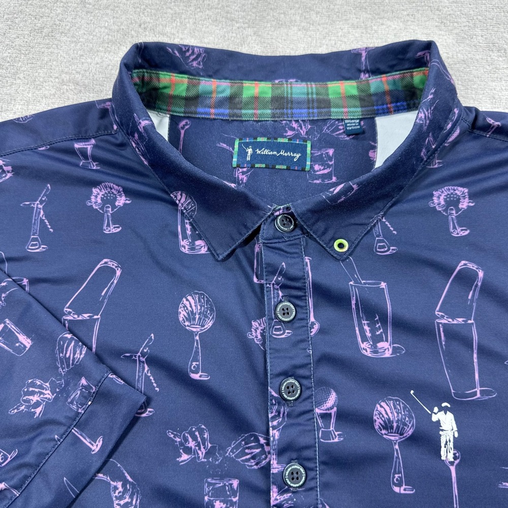 William Murray Golf Polo Shirt Mens XXL Blue Cocktail Print Short Sleeve Stretch